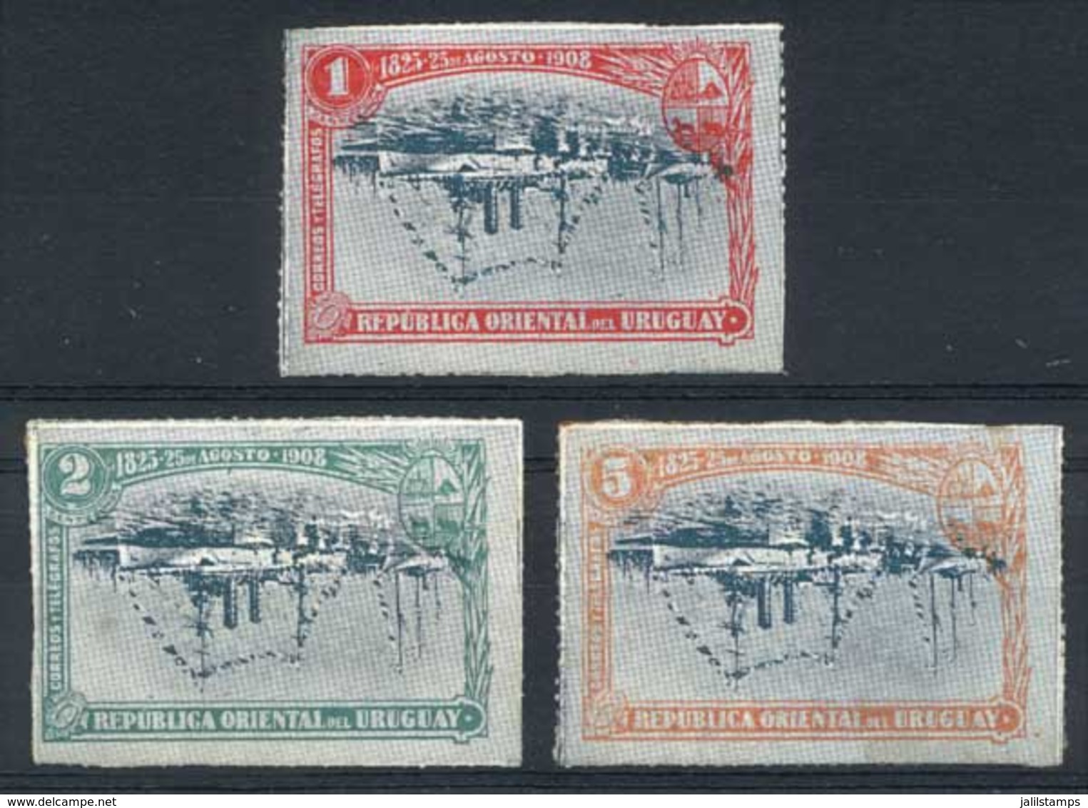 URUGUAY: Sc.174a + 175a + 176a, 1908 Cruiser Montevideo, Complete Set Of 3 Values With CENTERS INVERTED Variety, VF Qual - Uruguay