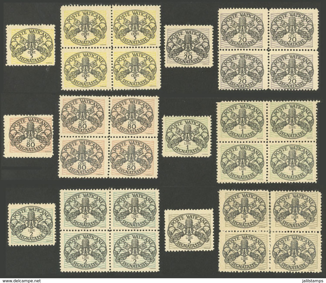 VATICAN: Yvert 7a + Other Values, 1946 Set Of 6 Values With BURELAGE WITH WIDE LINES, In Singles + Blocks Of 4, Most MNH - Sonstige & Ohne Zuordnung