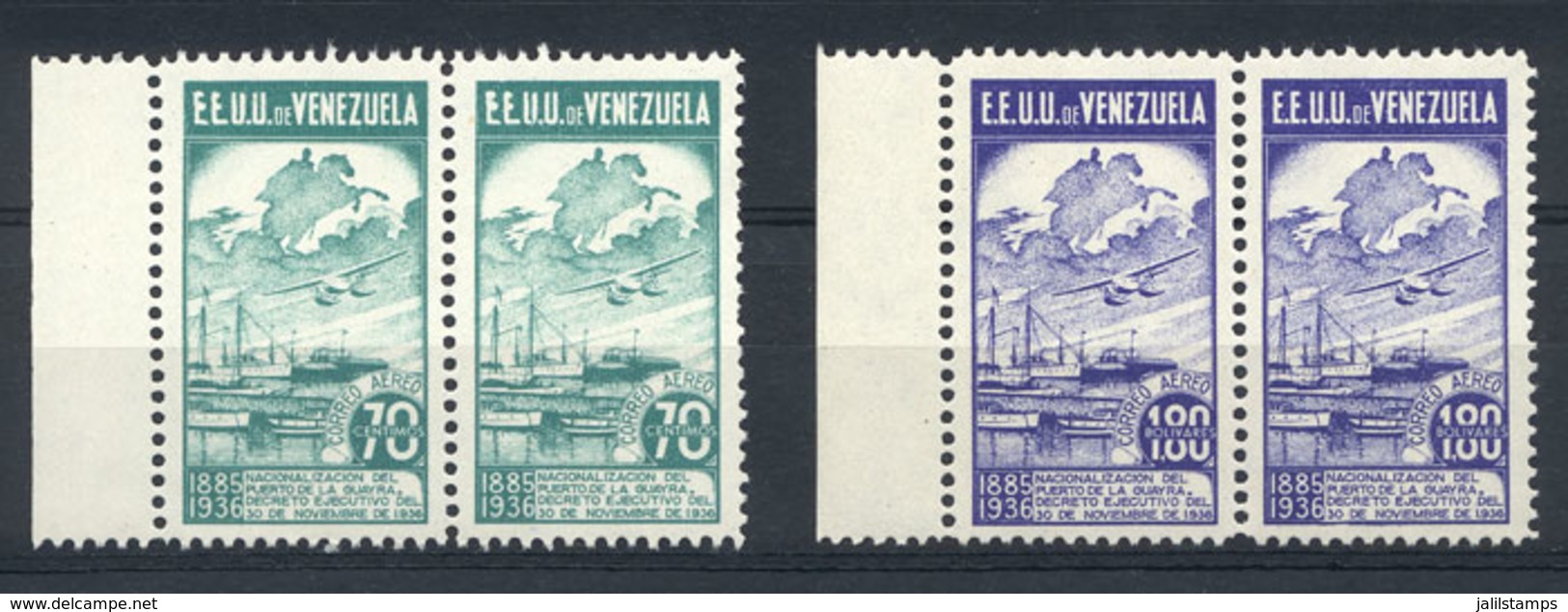 VENEZUELA: Yvert 64A/65A, 1936 Nacionalización, Compl. Set Of 2 Unissued Values, Mint Never Mint Pairs, Superb, Very Rar - Venezuela