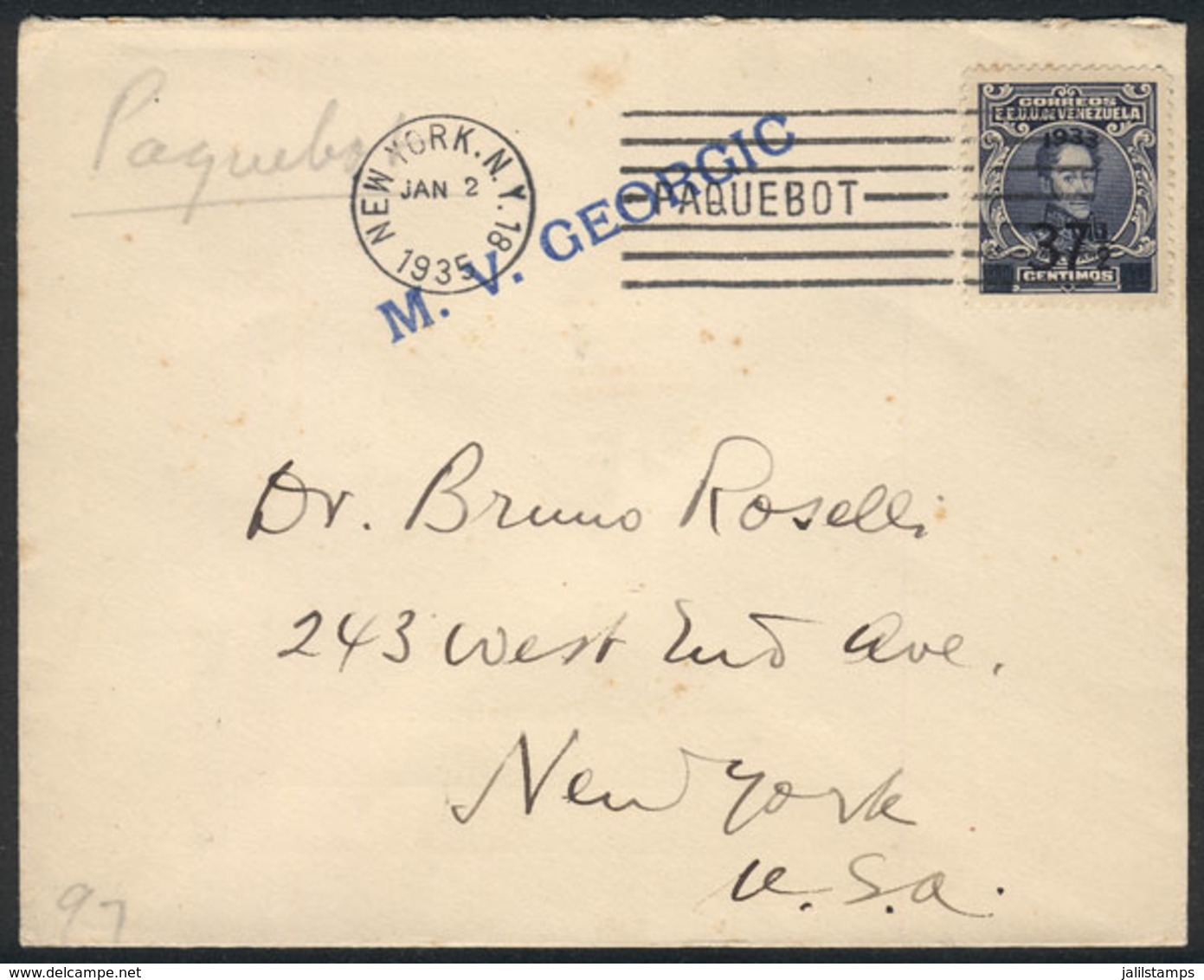 VENEZUELA: Provisional Stamp Of 37½c. Franking A Cover To New York Mailed Onboard The Ship M.V.GEORGIC, With Machine Can - Venezuela