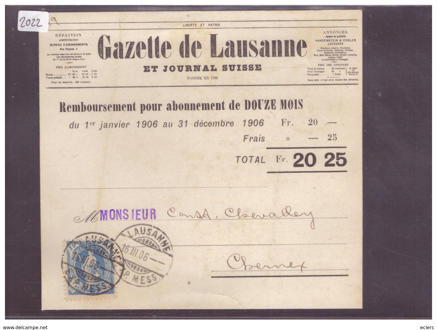 CARTE AVEC No ZUMSTEIN 93B - GAZETTE DE LAUSANNE - Lettres & Documents