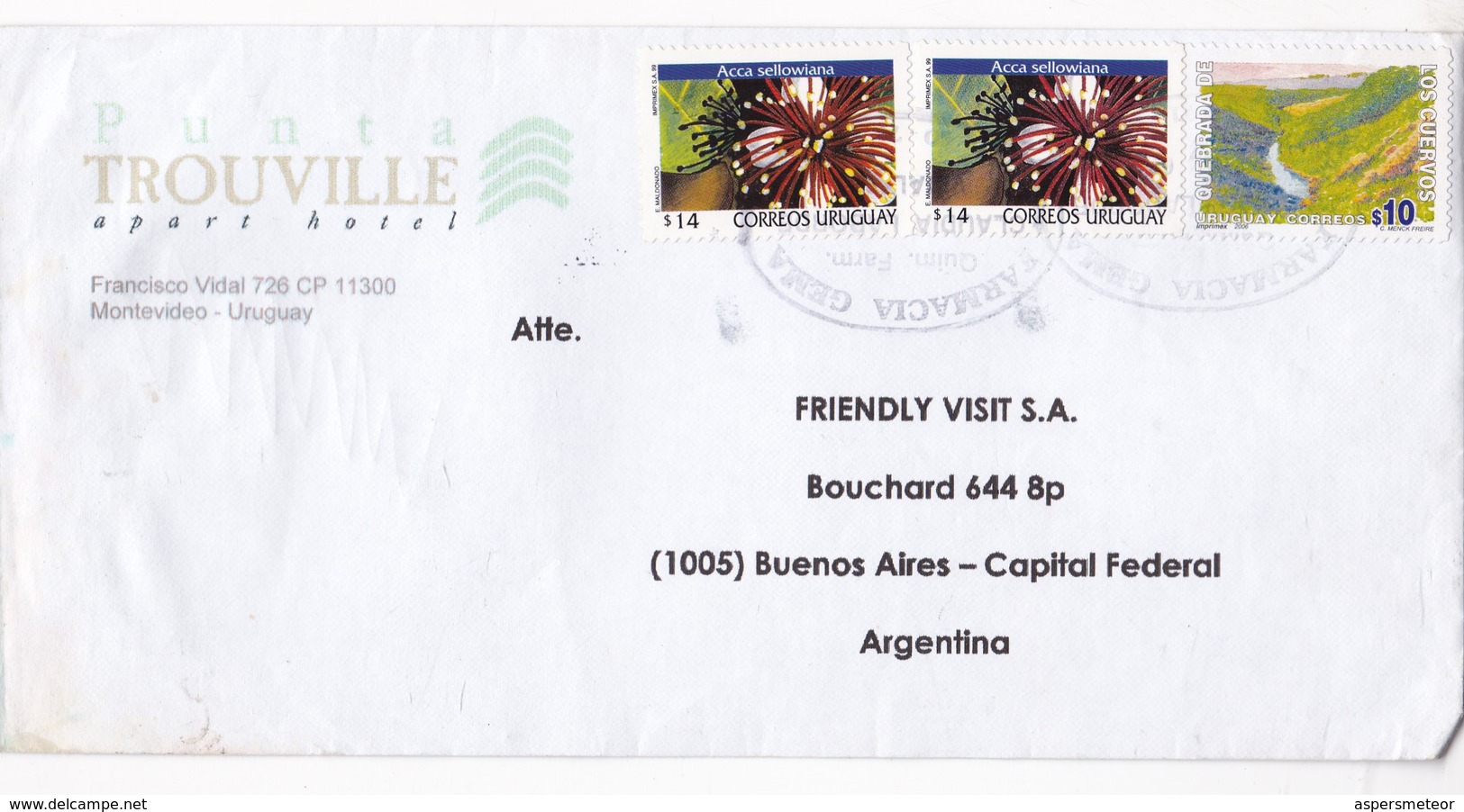 PUNTA TROUVILLE. APART HOTEL. ENVELOPPE CIRCULEE URUGUAY A L'ARGENTINE CIRCA 2000s MIXED STAMPS - BLEUP - Uruguay