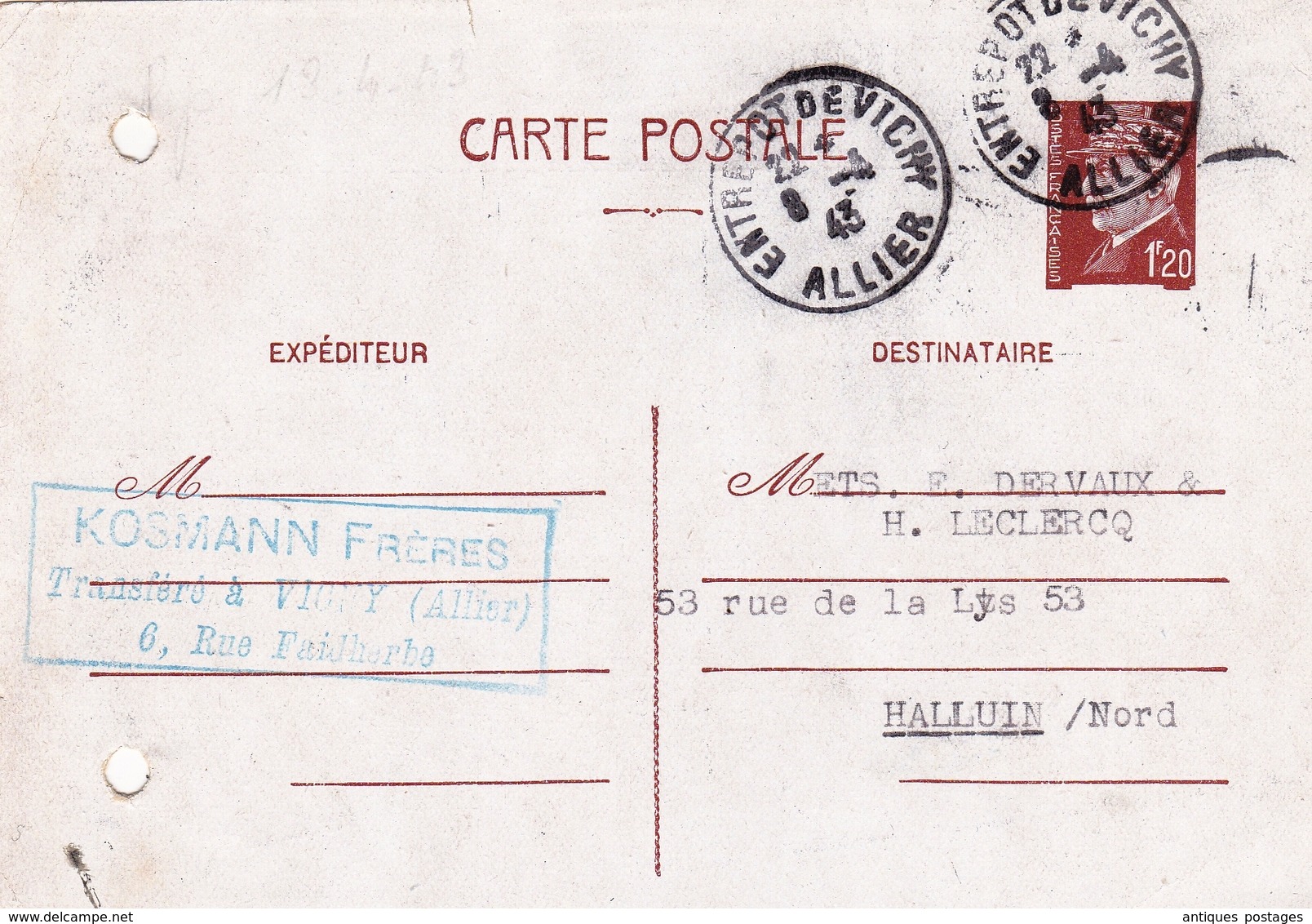 Entier Postal Pétain 1943 Vichy Entrepôt Allier Kosmann Frères Halluin Nord - Standard Postcards & Stamped On Demand (before 1995)