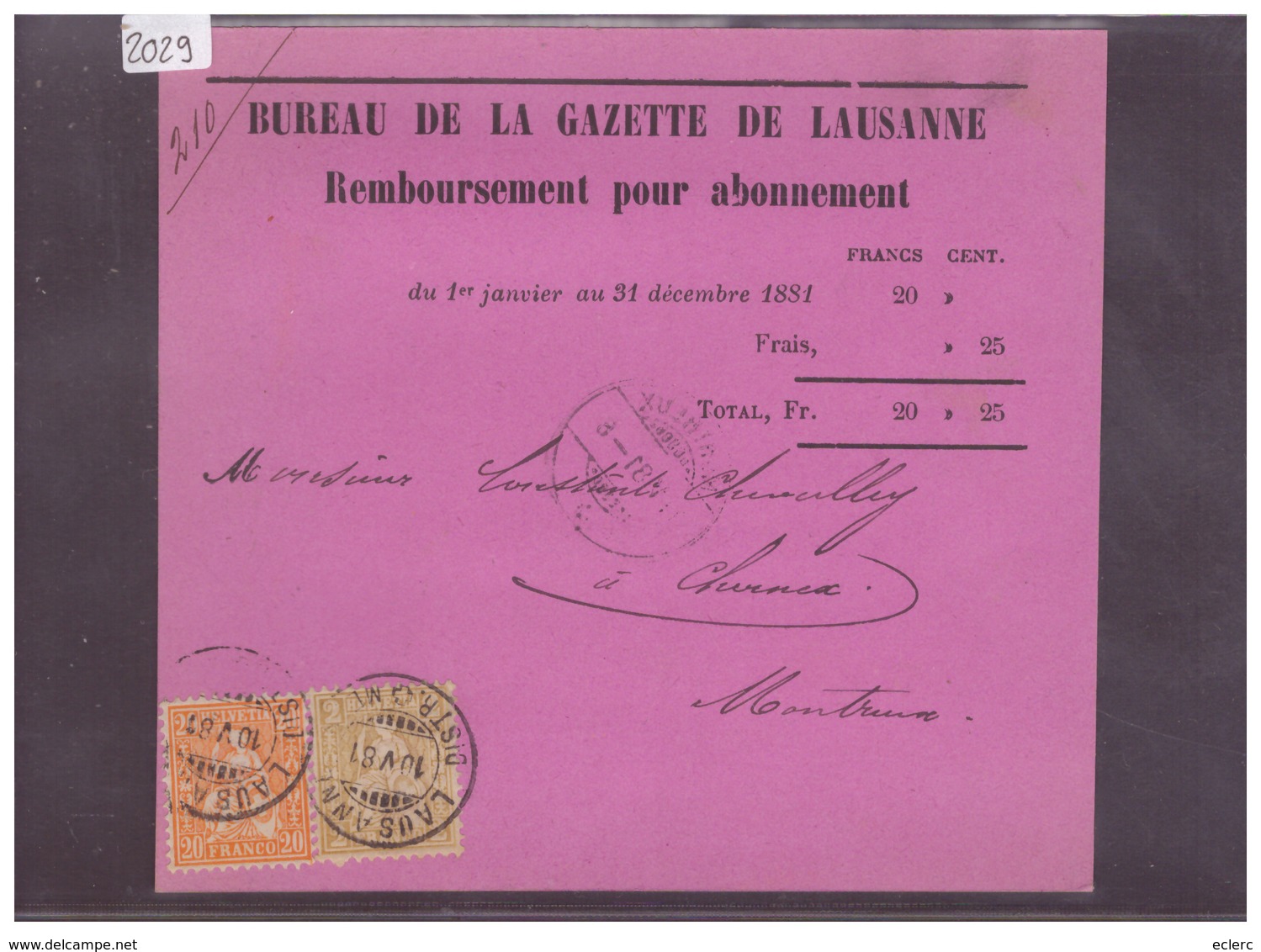 CARTE AVEC No ZUMSTEIN 32+37 - BUREAU DE LA GAZETTE DE LAUSANNE - Lettres & Documents