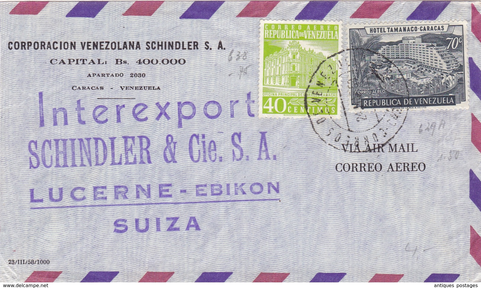 Lettre Caracas 1959 Venezuela Corporacion Venezolana Schindler S.A. Lucerne Suisse Suiza - Venezuela
