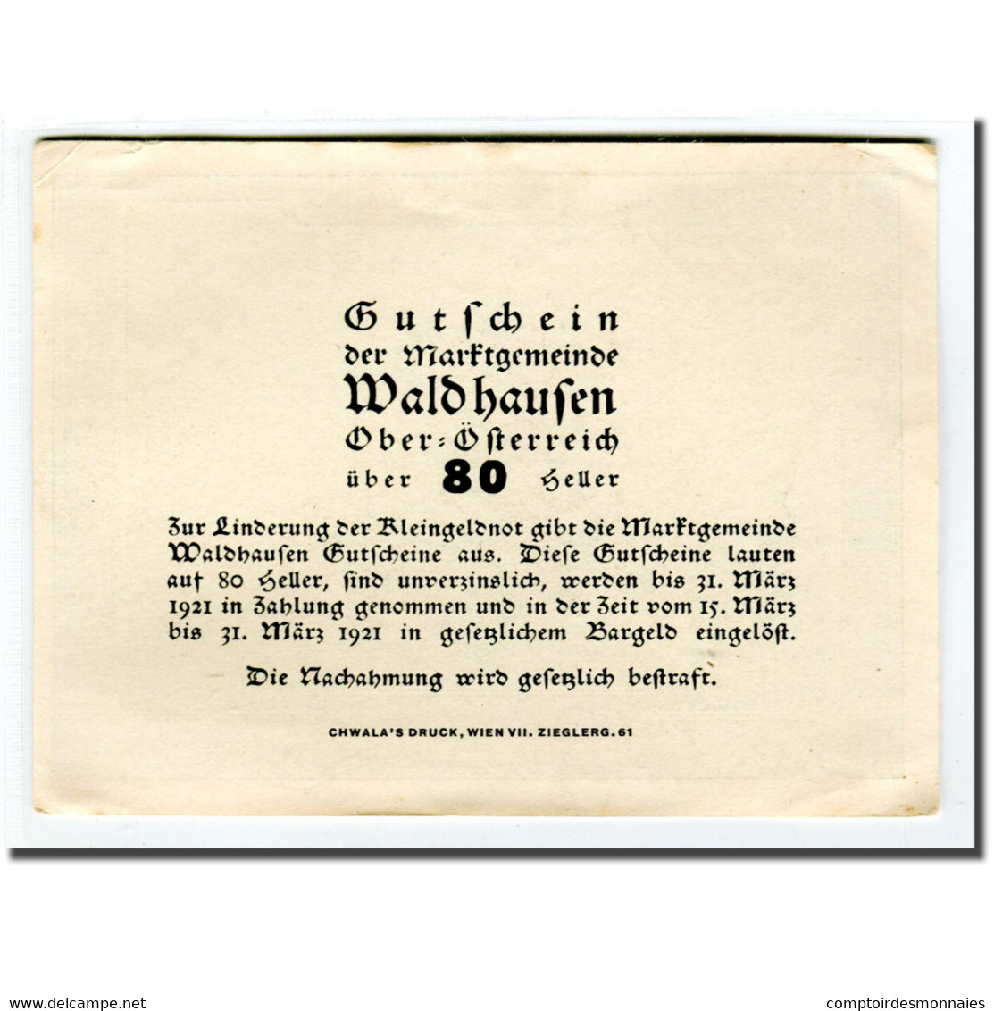 Billet, Autriche, Waldhausen, 80 Heller, Texte 2, 1921, SPL, Mehl:1131d1 - Autriche