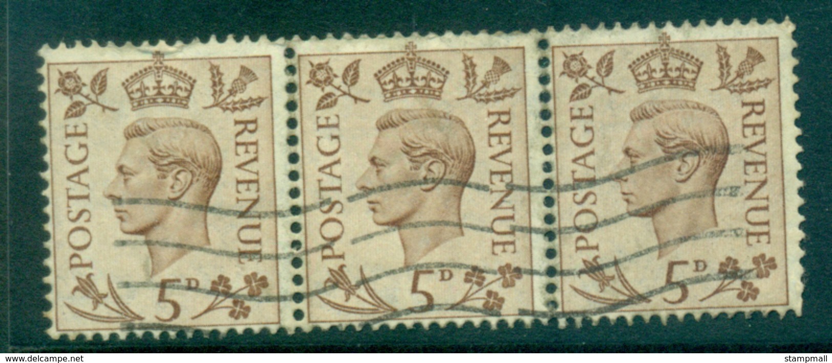 GB 1937-9 KGVI 5d Lt Brown Strip 3 FU Lot32700 - Non Classés