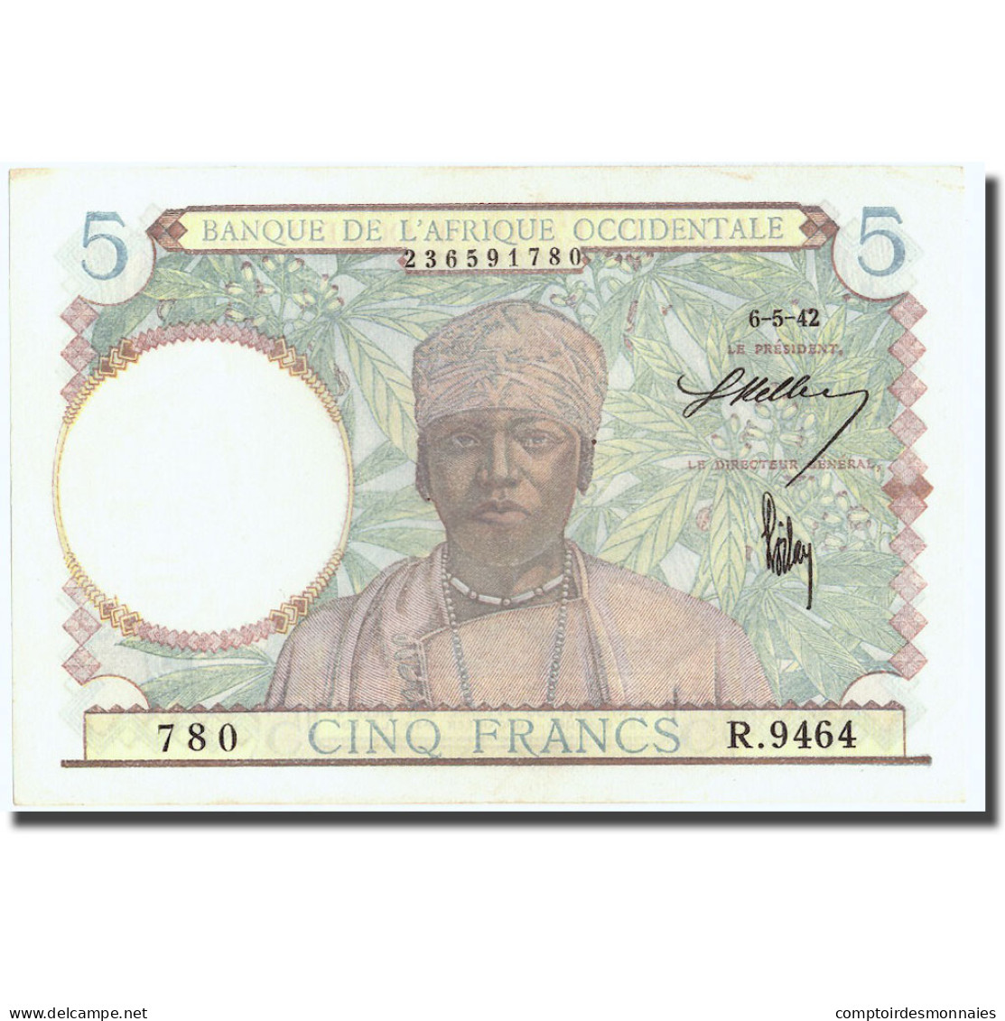 Billet, French West Africa, 5 Francs, 1942, 1942-05-06, KM:25, SPL - West African States