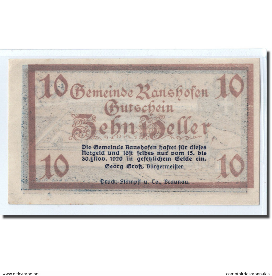 Billet, Autriche, Ranshofen, 10 Heller, Paysage 1, 1920, SPL, Mehl:819Aa - Autriche