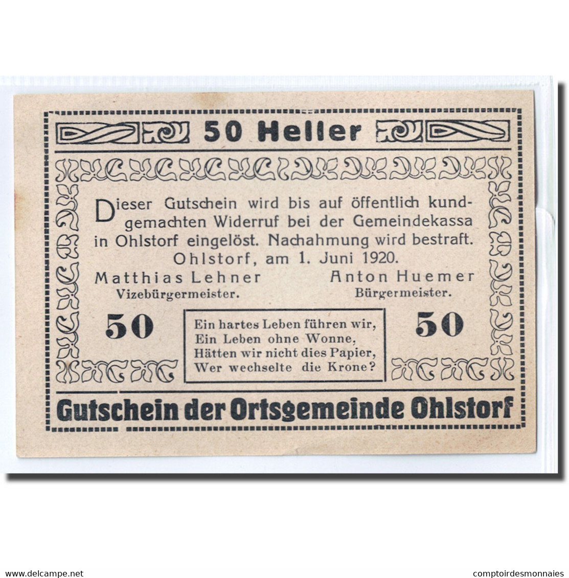 Billet, Autriche, Ohlstorf, 50 Heller, Village, 1920, 1920-06-01, SPL, Mehl:708i - Austria