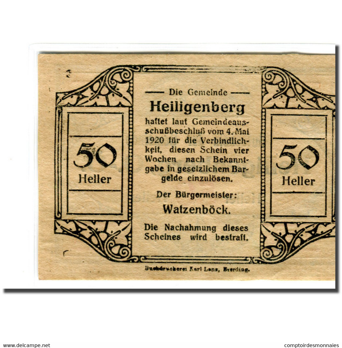 Billet, Autriche, Heiligenberg, 50 Heller, Texte 2, 1920, SPL, Mehl:361Ia - Autriche