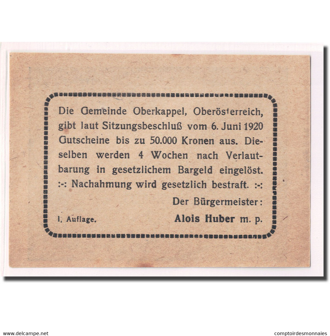 Billet, Autriche, Oberkappel O.Ö. Gemeinde, 50 Heller, Texte 2, 1920, SPL - Autriche