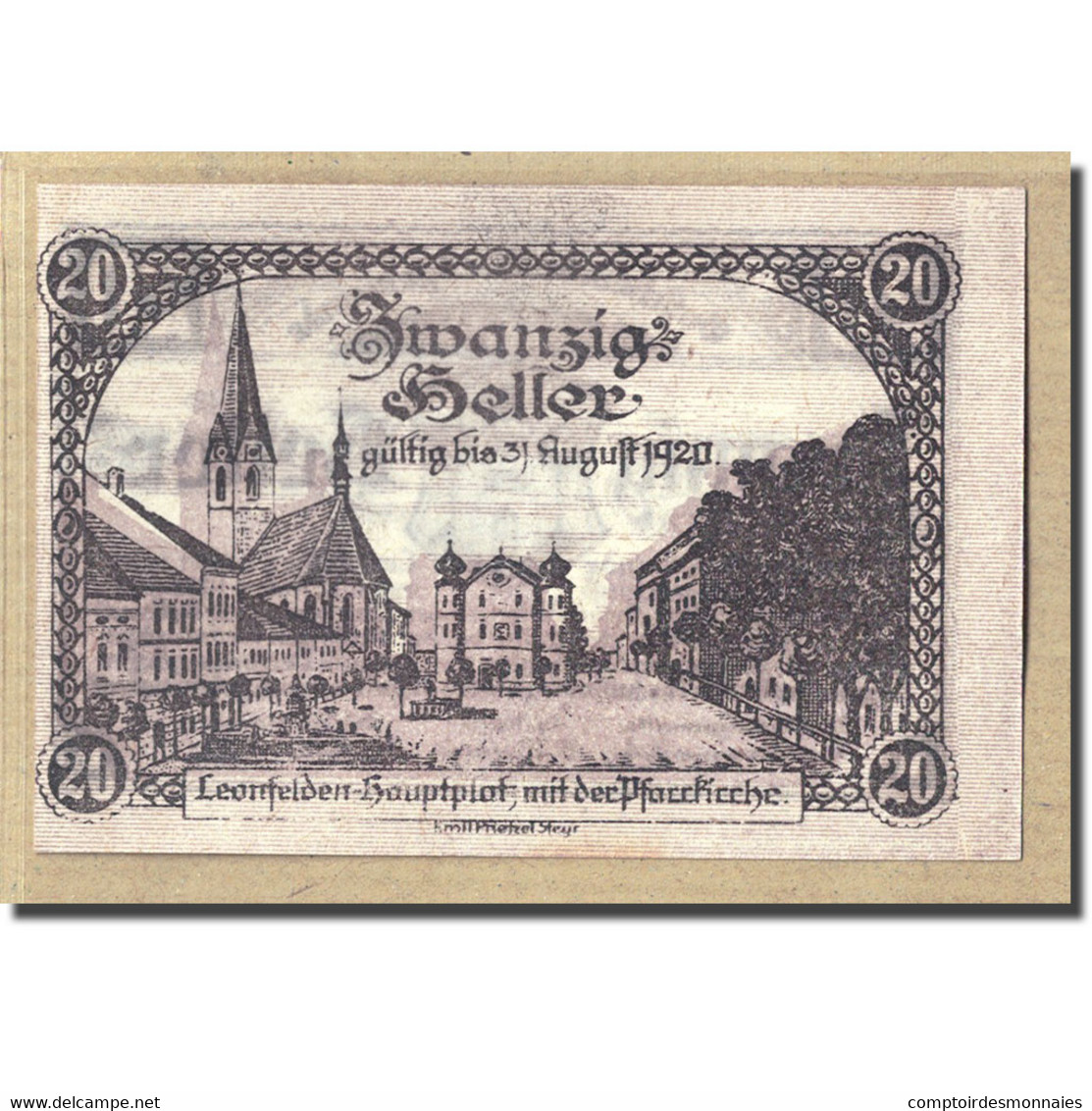 Billet, Autriche, Leonfelden O.Ö. Marktgemeinde, 20 Heller, Paysage 1, 1920 - Autriche