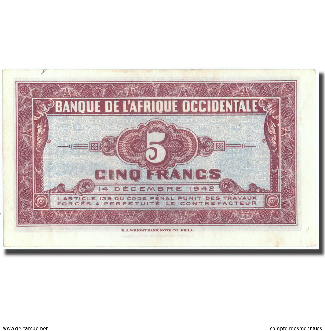 Billet, French West Africa, 5 Francs, 1942, 1942-12-14, KM:28b, SUP - West African States