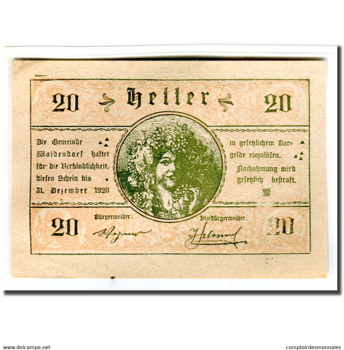 Billet, Autriche, Waidendorf N.Ö. Gemeinde, 20 Heller, Personnage 1, 1920, SPL - Autriche