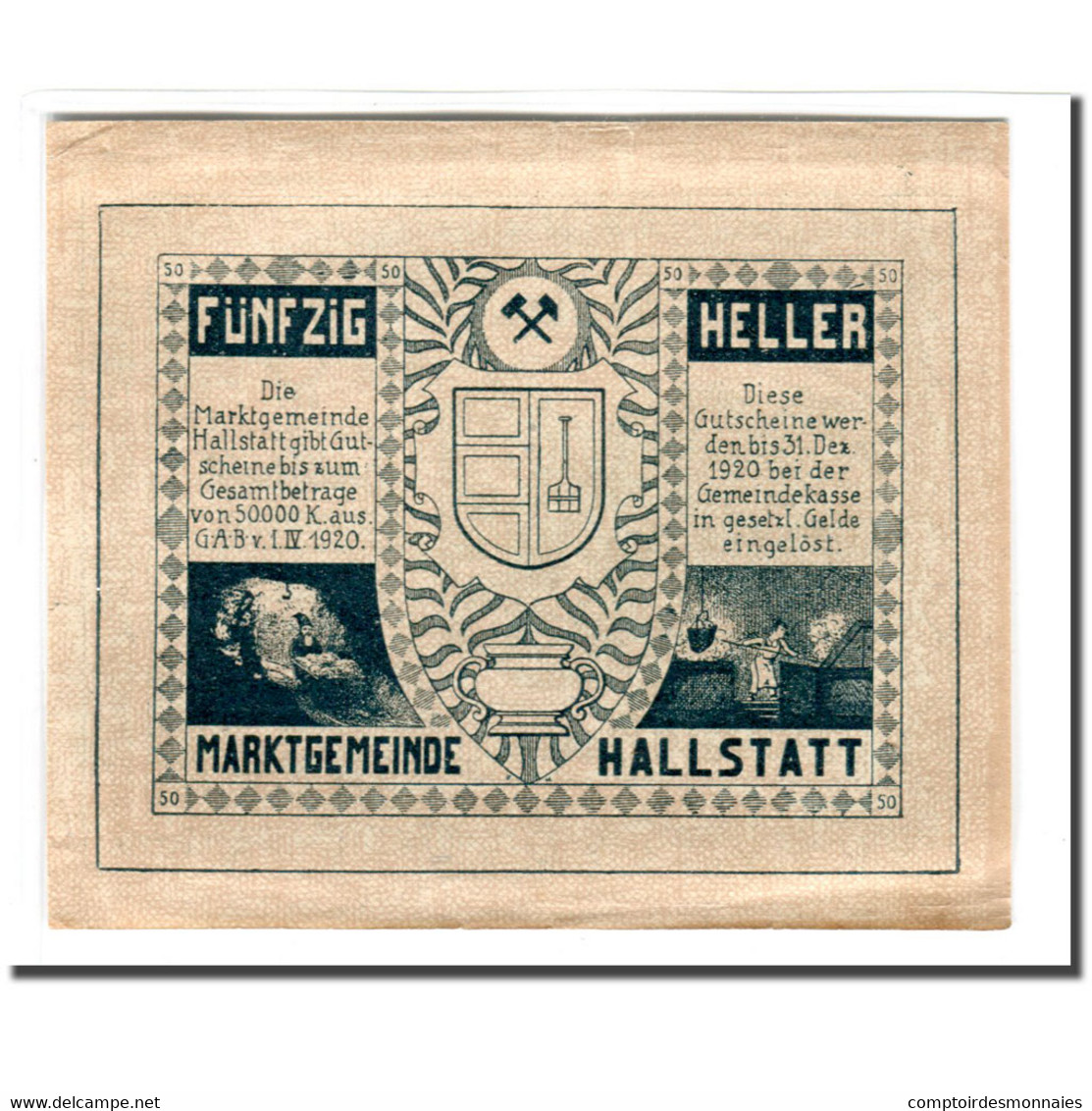 Billet, Autriche, Hallstatt, 50 Heller, Blason, 1920, 1920-04-01, SPL, Mehl:345 - Autriche