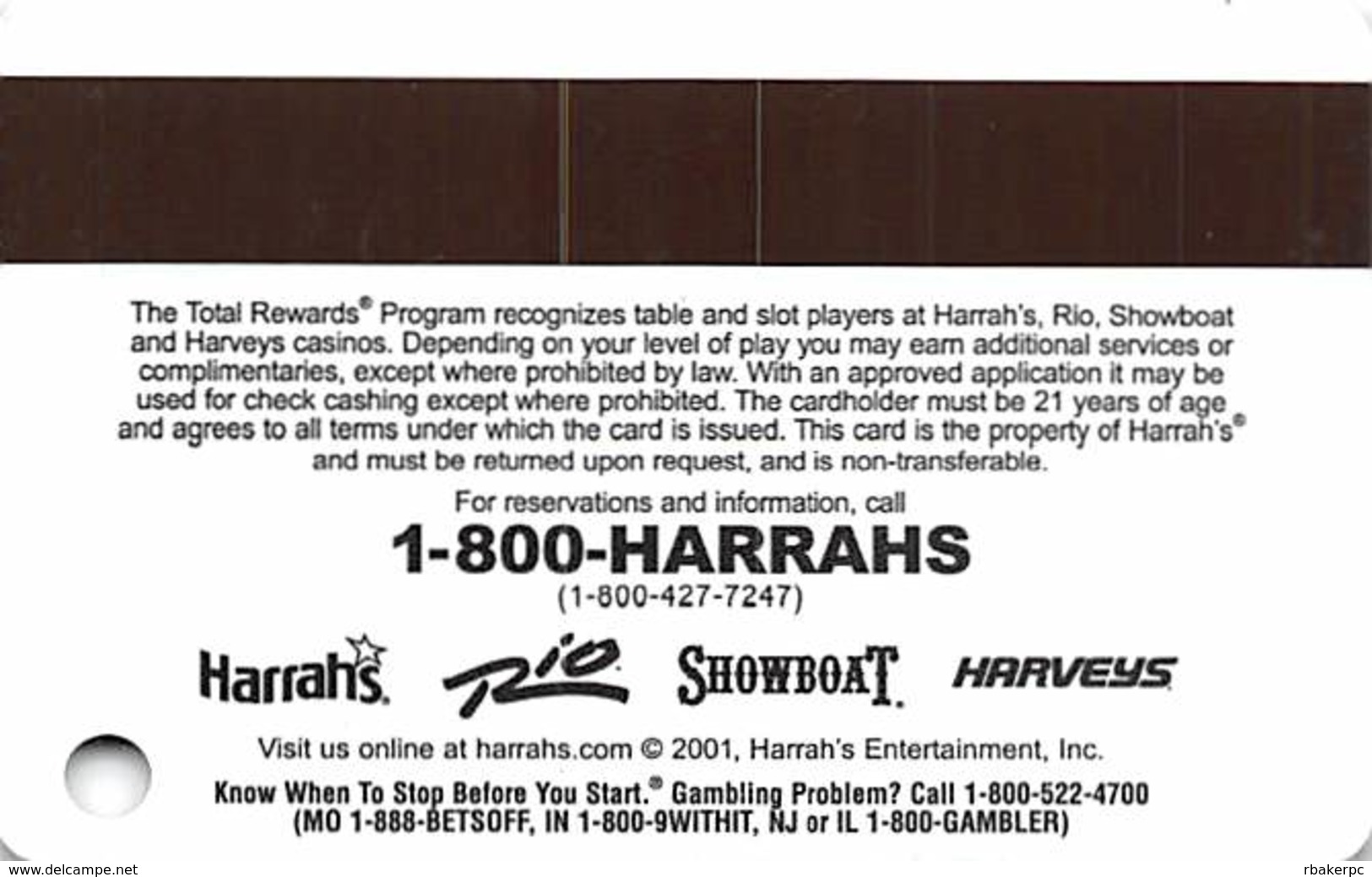 Harrah's Casino Multi-Property - TR Gold Slot Card @2001 Without Signature Strip - Casino Cards