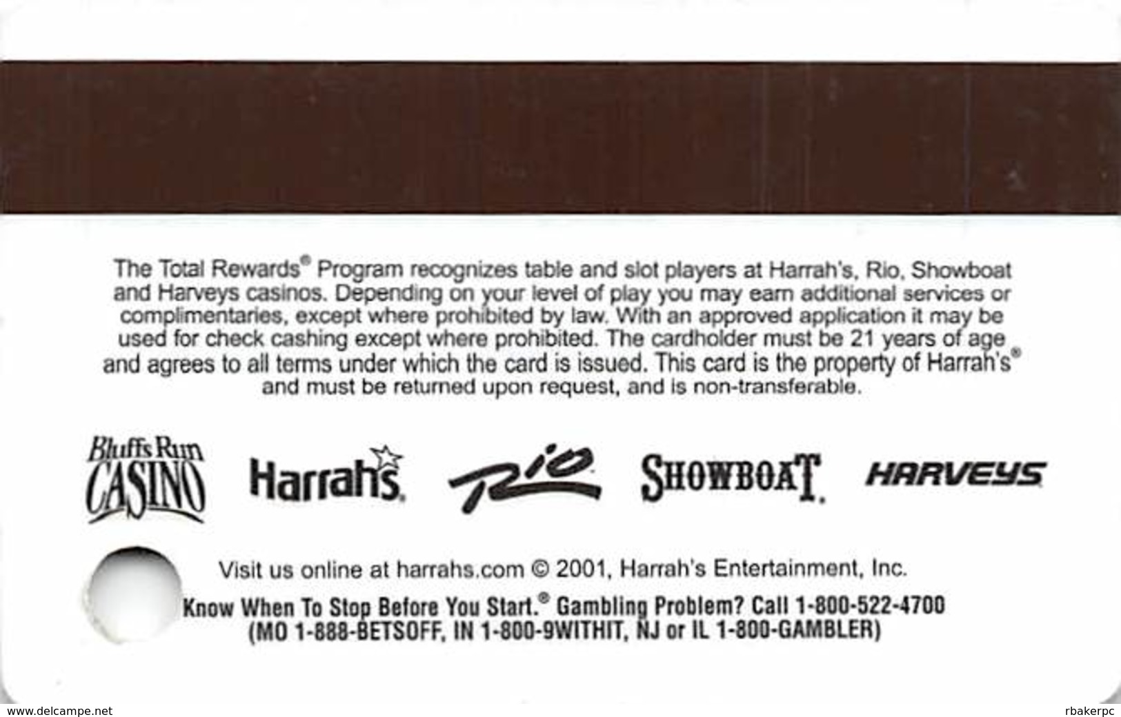 Harrah's Casino Multi-Property - TR Diamond Slot Card @2001 With 5 Casino Logos - Casino Cards