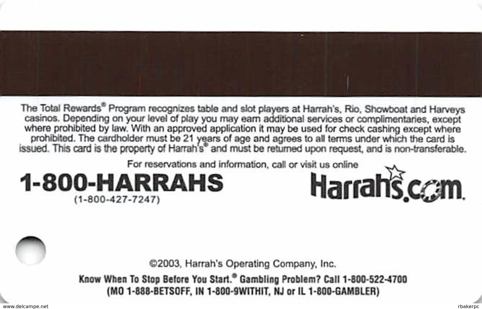 Harrah's Casino Multi-Property - TR Gold Slot Card @2003 With Signature Strip - Casino Cards