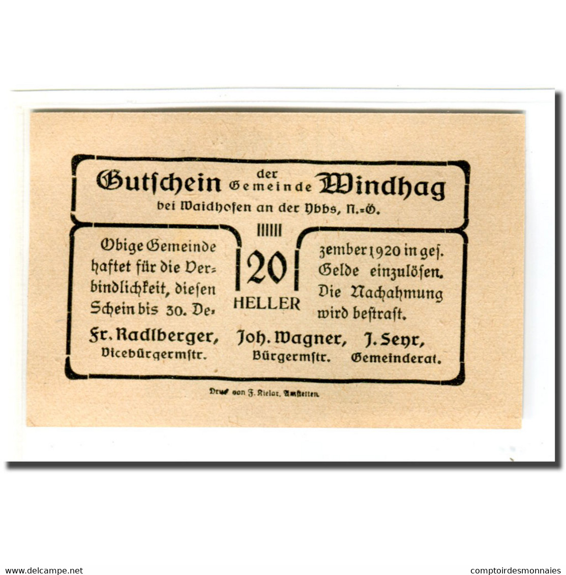 Billet, Autriche, Windhag Bei Waidhofen An Der Ybbs N.Ö. Gemeinde, 20 Heller - Autriche