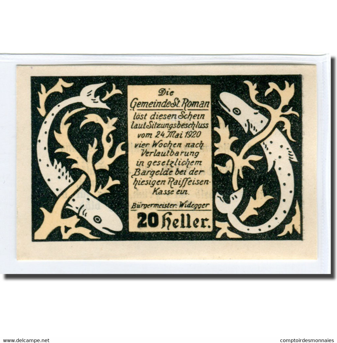 Billet, Autriche, St. Roman O.Ö. Gemeinde, 20 Heller, Texte 1, 1920 - Autriche