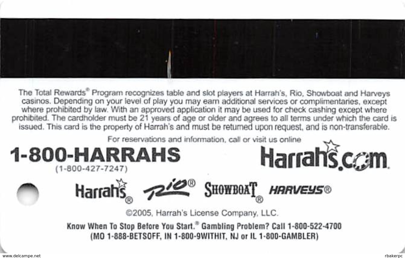 Harrah's Casino Multi-Property - TR Gold Slot Card @2005 / 3 Phone#s / @2005 Under Registration Mark - Casino Cards