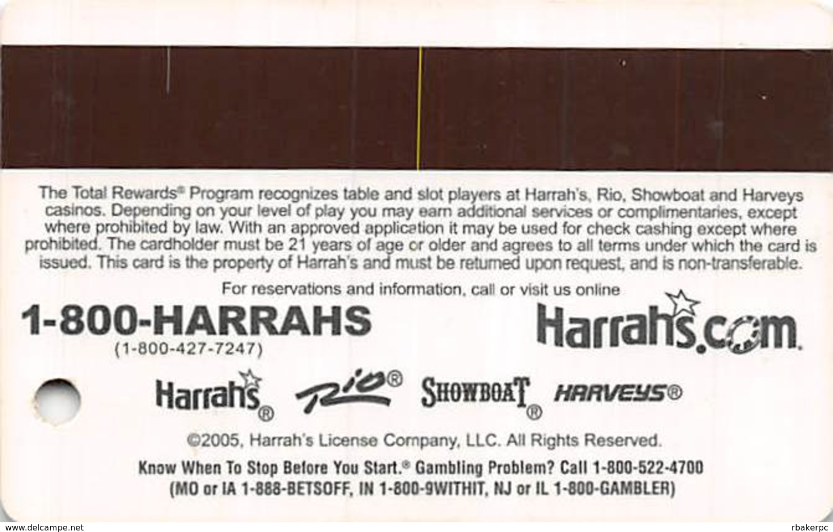 Harrah's Casino Multi-Property - TR Gold Slot Card @2005 / 3 Phone#s / @2005 Under Harrah's - Casino Cards