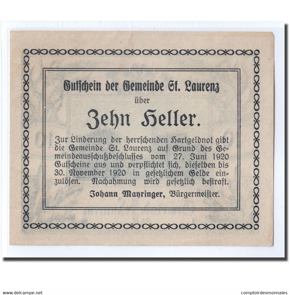Billet, Autriche, St. Laurenz O.Ö. Gemeinde, 10 Heller, Texte, 1920 - Autriche