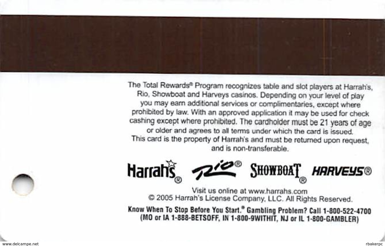 Harrah's Casino Multi-Property - TR Diamond Slot Card @2005 / 3 Phone#s / Text Moved Right For Photo - Casino Cards