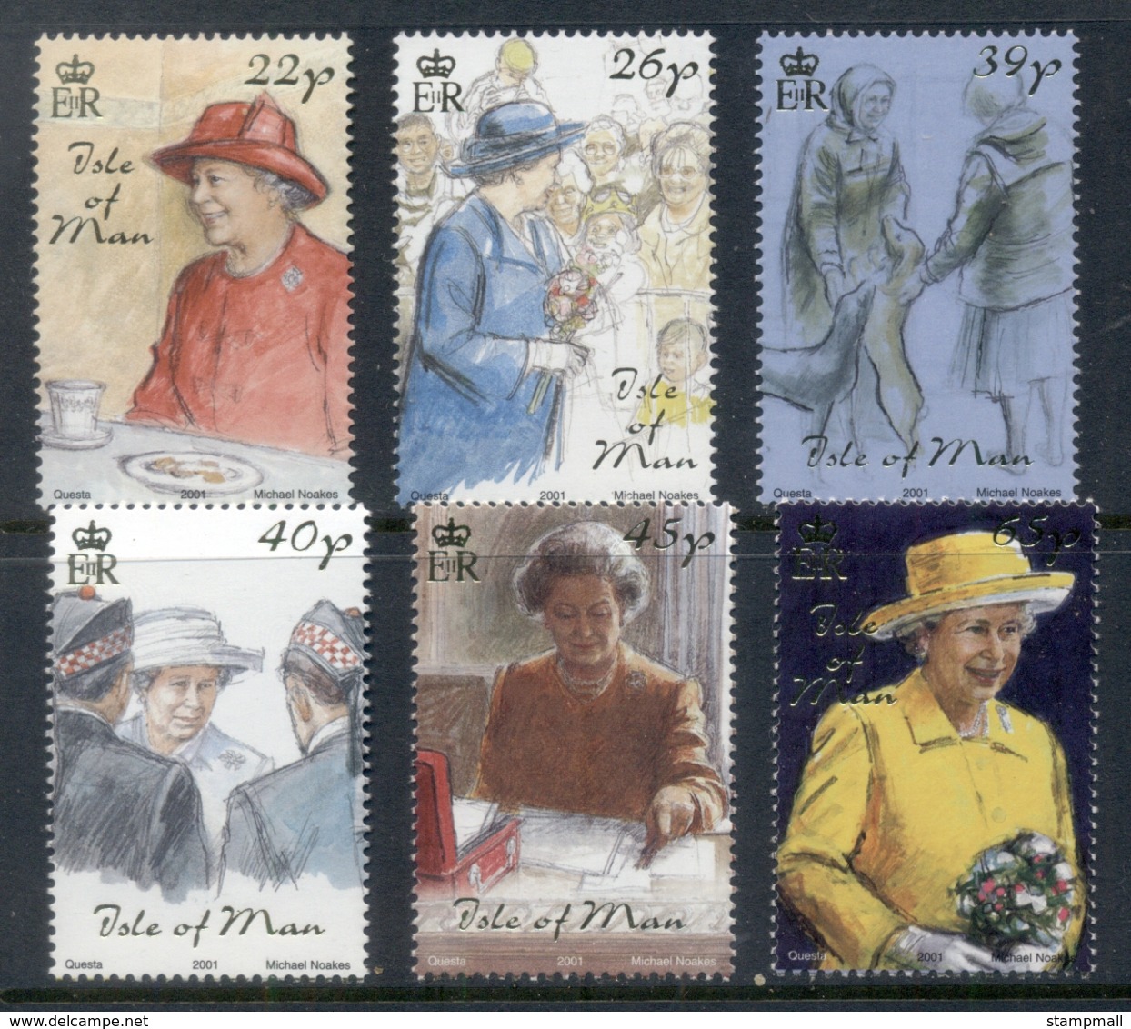 Isle Of Man 2001 QEII Reign, 50th Anniv., Drawings Of The Queen - Isle Of Man