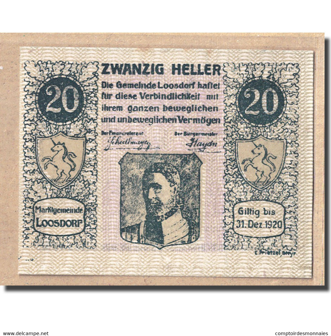 Billet, Autriche, Loosdorf, 20 Heller, Texte 1, 1920, 1920-04-08, SPL, Mehl:563b - Autriche