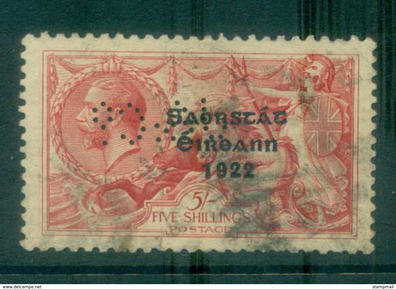 Ireland 1922 5/- Rose-red Seahorse Provisional Opt. Blue-Blk 3 Line Thom PERFIN FU Lot78507 - Used Stamps