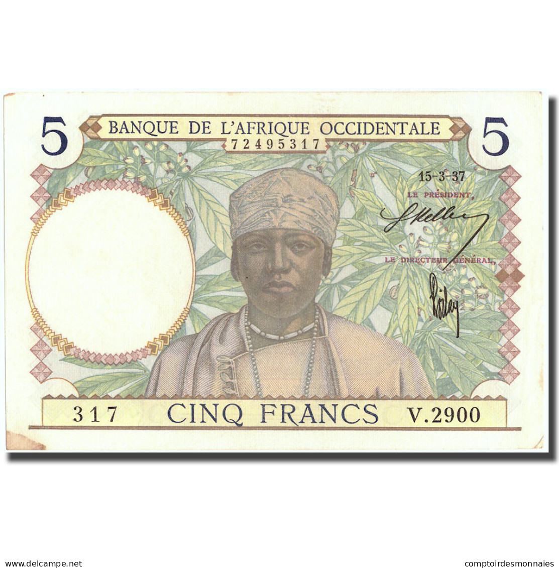 Billet, French West Africa, 5 Francs, 1937, 1937-03-15, KM:21, SUP - West African States