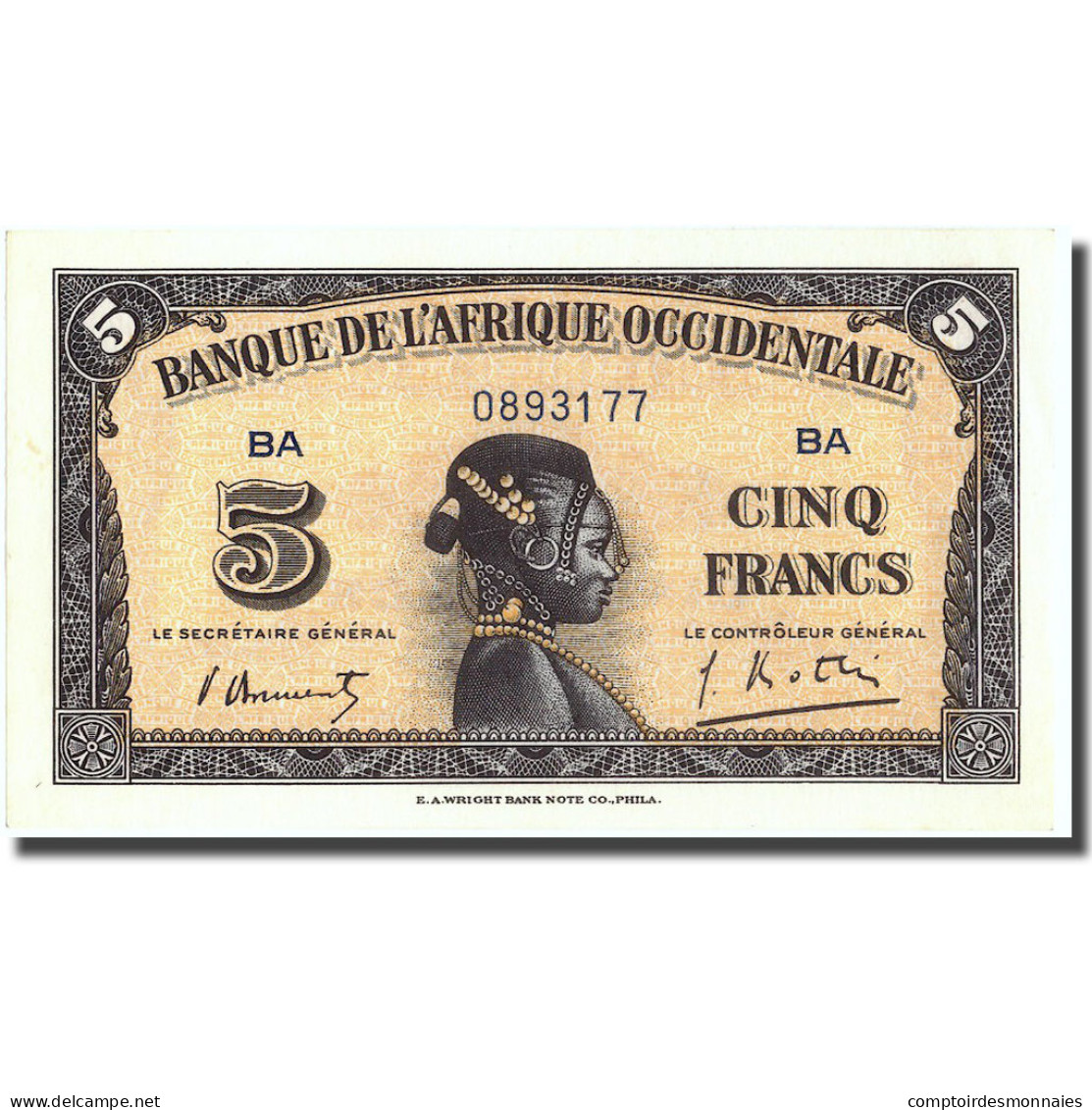 Billet, French West Africa, 5 Francs, 1942, 1942-12-14, KM:28b, SPL+ - États D'Afrique De L'Ouest