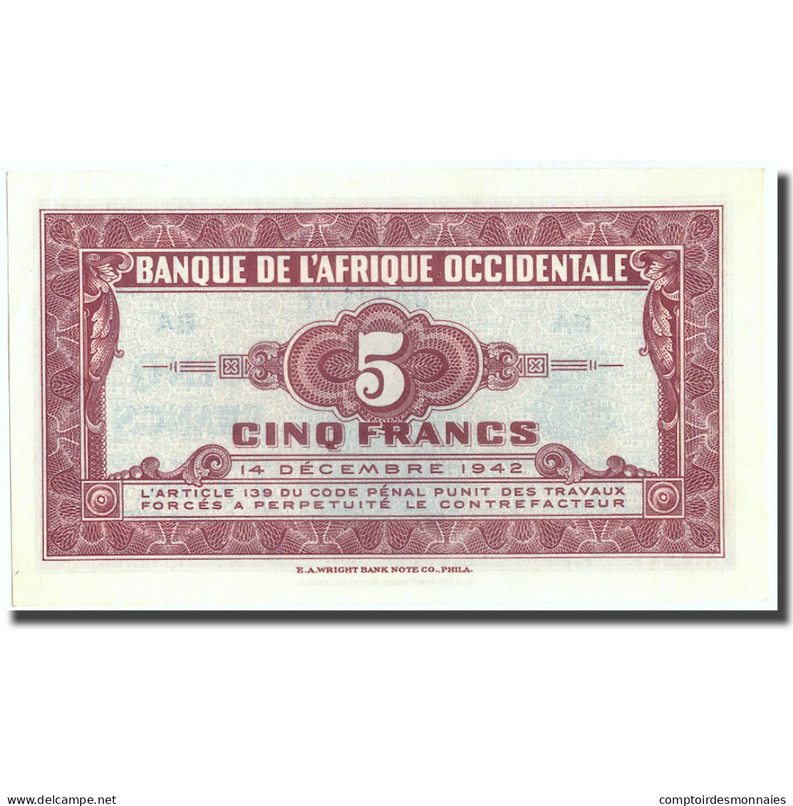 Billet, French West Africa, 5 Francs, 1942, 1942-12-14, KM:28b, SPL+ - États D'Afrique De L'Ouest