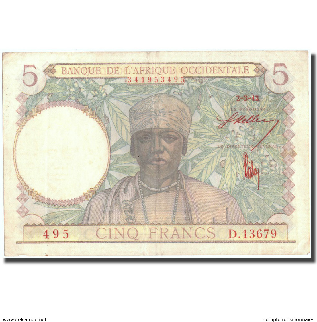 Billet, French West Africa, 5 Francs, 1943, 1943-03-02, KM:26, TTB - Westafrikanischer Staaten