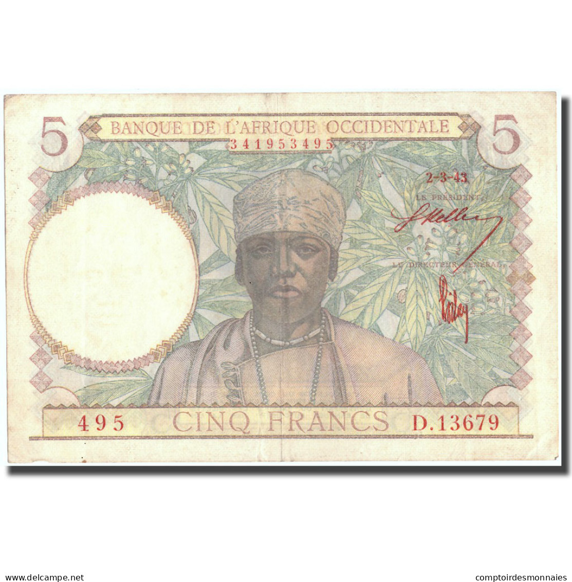 Billet, French West Africa, 5 Francs, 1943, 1943-03-02, KM:26, TTB - États D'Afrique De L'Ouest