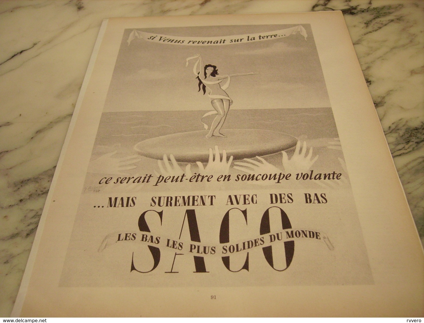 ANCIENNE   PUBLICITE  VENUS REVIENT SUR TERRE AVEC LES BAS SACO 1953 - Autres & Non Classés