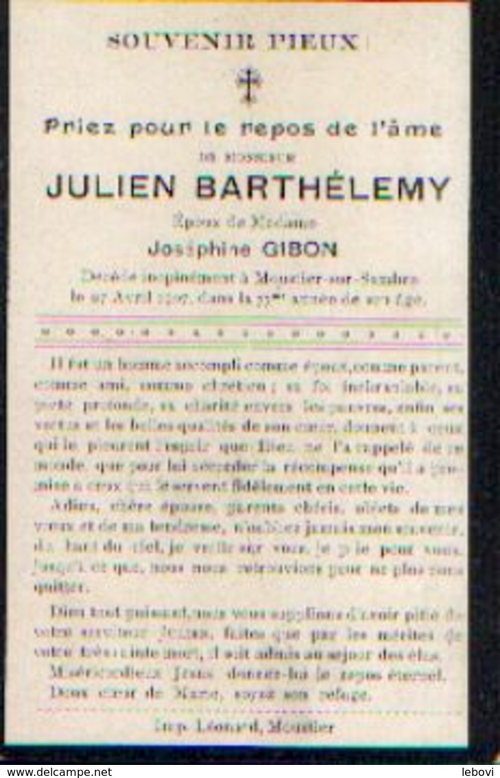 Souvenir Mortuaire BARTHELEMY Julien (1830-1907) Mort à MOUSTIER-SUR-SAMBRE - Images Religieuses