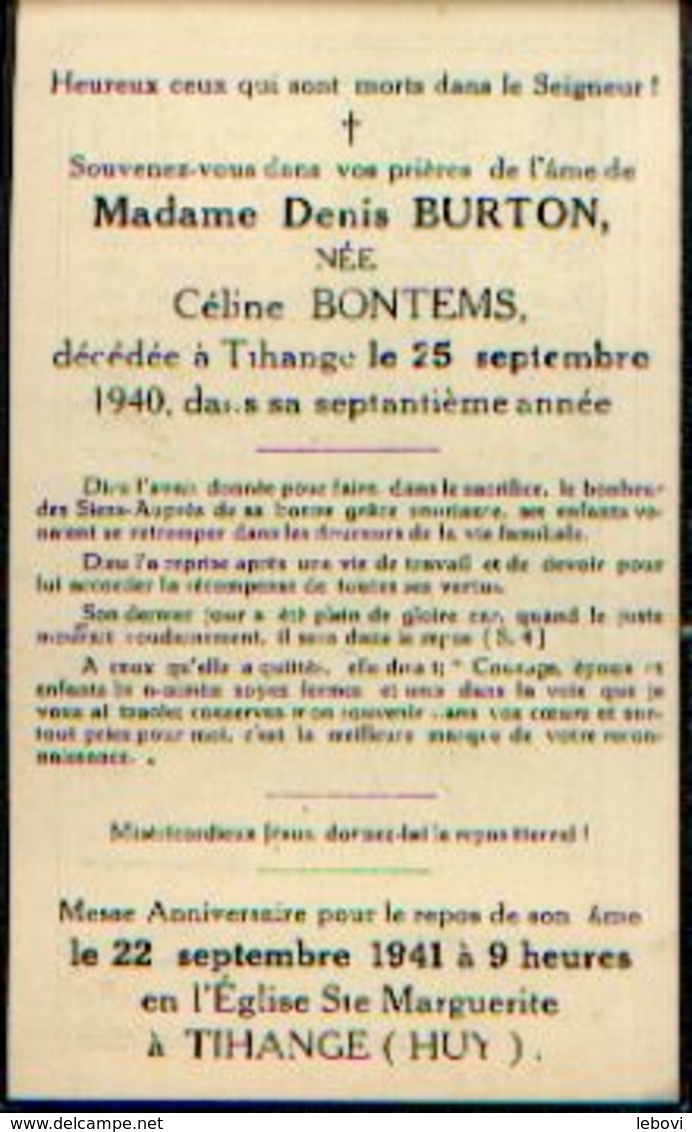 Souvenir Mortuaire BONTEMS Céline (1870-1940) ép. BURTON, D. Morte à TIHANGE - Images Religieuses