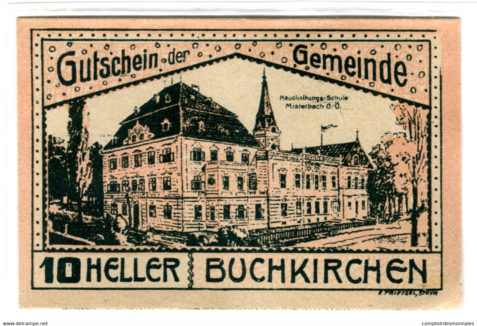 Billet, Autriche, Buchkirchen O.Ö. Gemeinde, 20 Heller, Batiment 1, 1920 - Autriche