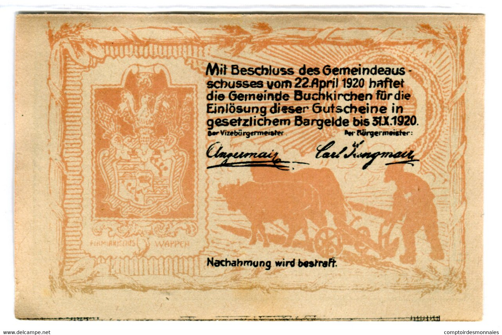 Billet, Autriche, Buchkirchen O.Ö. Gemeinde, 20 Heller, Batiment 1, 1920 - Autriche