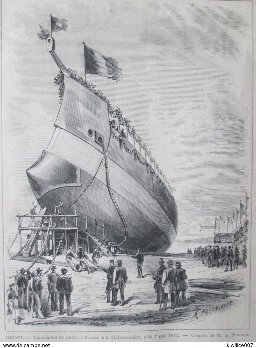 Gravure  1872  Brest  Le Lancement  Du Navire Cuirassé   La Galissonnière  7 Mai 1872 Arsenal De Brest - Brest