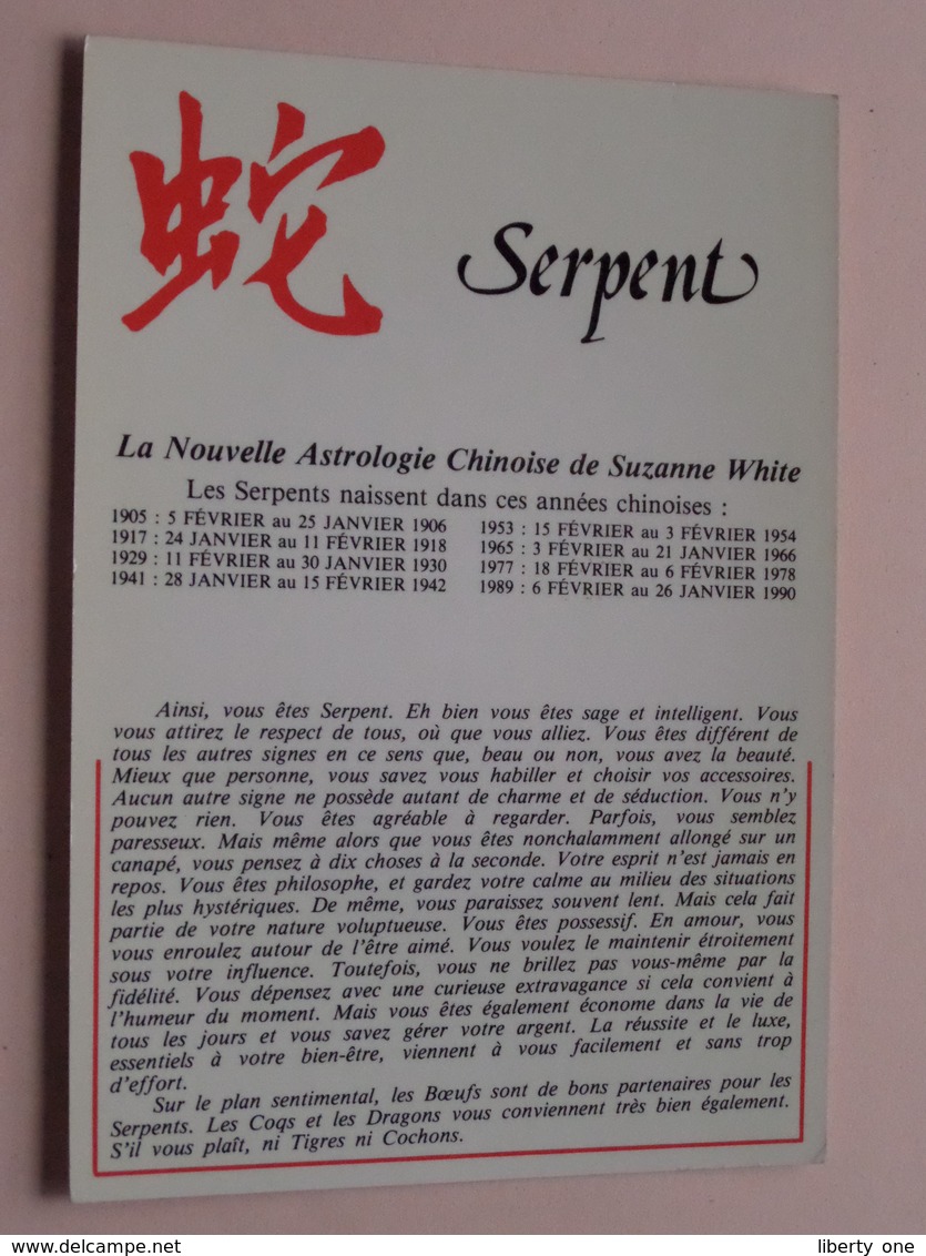 SERPENT Astrologie Chinoise De Suzanne White ( Edit. GENDRE ) Anno 19?? ( Zie / Voir Photo ) ! - Astronomie