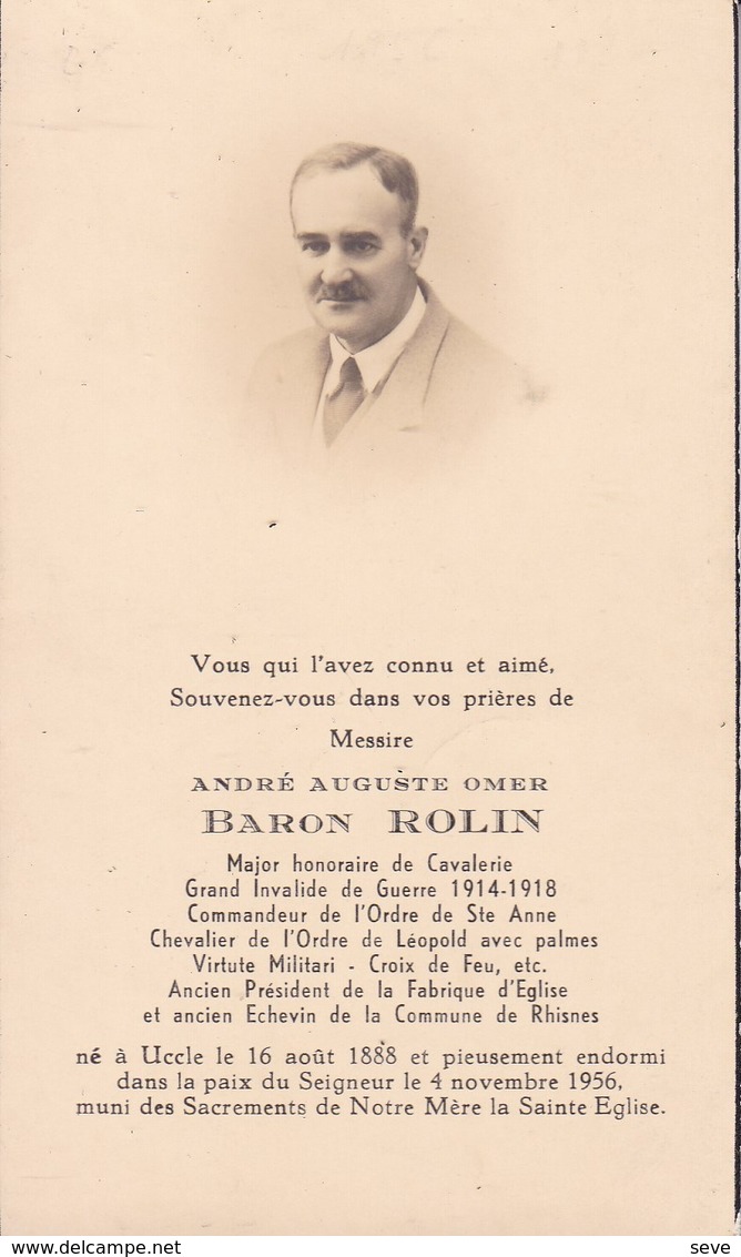 UCCLE échevin De RHISNES André Baron ROLIN 1888-1956 DP Souvenir Mortruaire - Décès