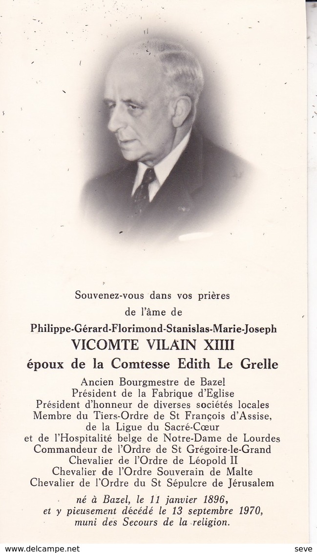 BAZEL Philippe-Gérard Vicomte VILAIN XIII époux Le GRELLE Ancien Burgemeester 1896-1970 DP Souvenir Mortuaire - Décès