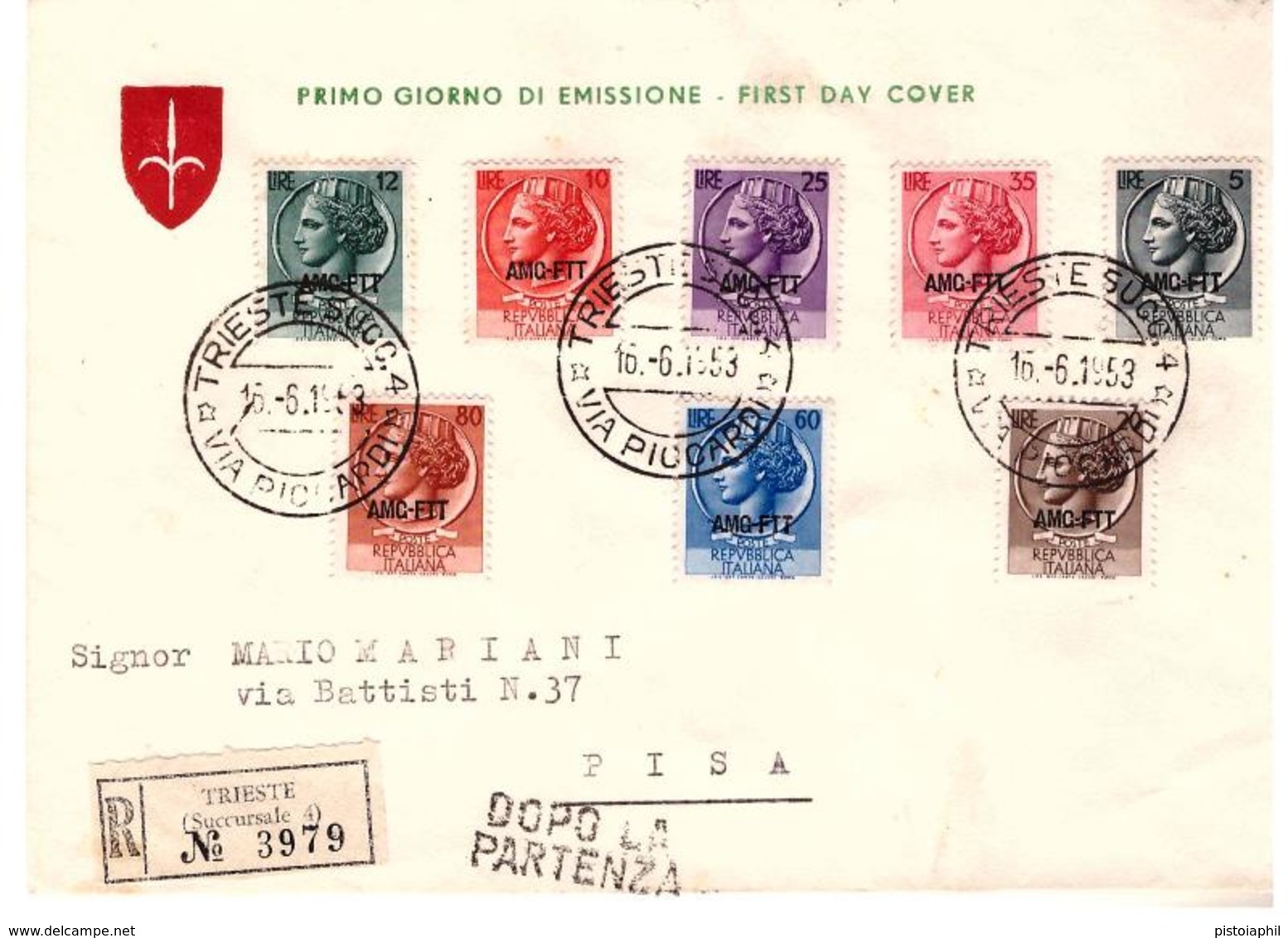 Fdc Velicogna: SIRACUSANA 8 Val. (1953); Raccomandata - Marcofilie