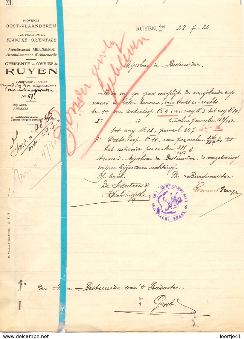 Brief Lettre - Gemeente Ruyen Ruien - Naar Kadaster 1924 + Brief Met Antwoord - Non Classés