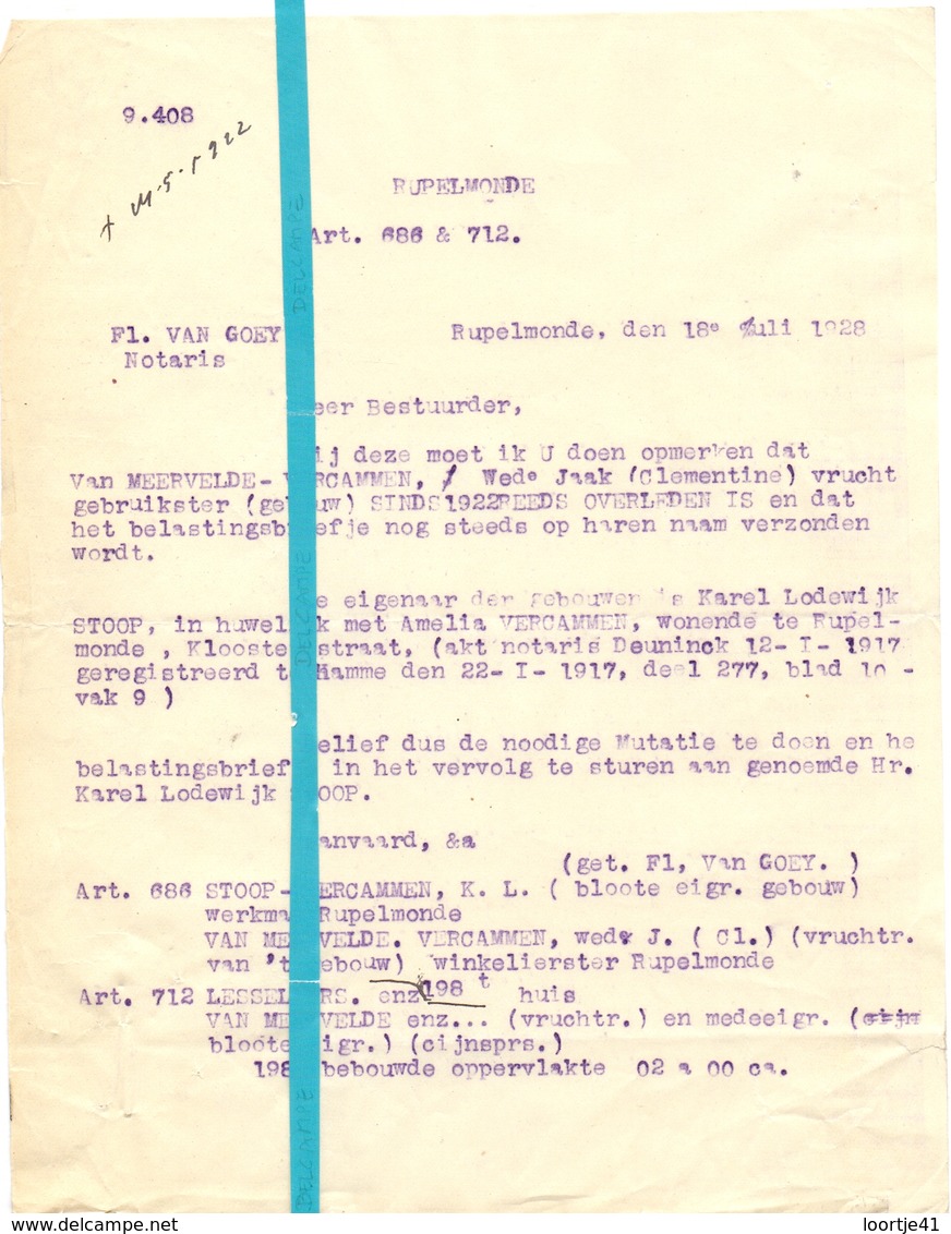 Brief Lettre - Notaris De Goey Rupelmonde - Naar Kadaster 1928 - Ivm Eigendom Van Meervelde - Vercammen - Non Classés