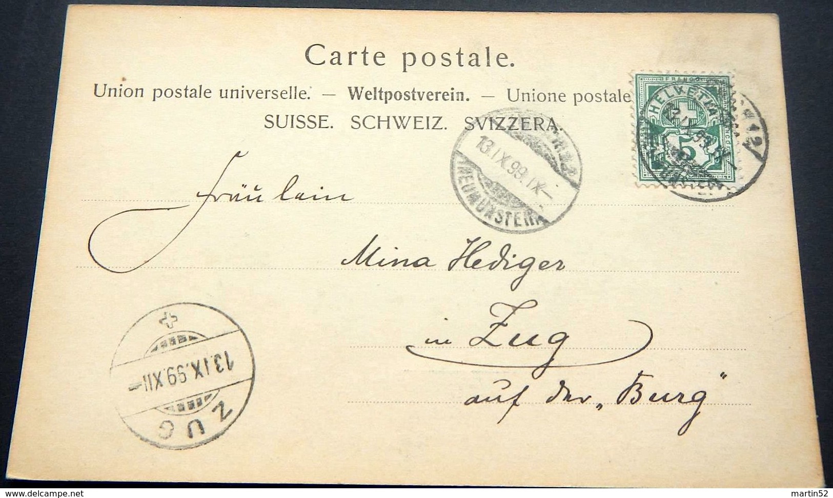 Schweiz Suisse Helvetia 1899: Gruss Aus.......Montreux Mit O ZÜRICH 13.IX.99 NEUMÜNSTER Nach ZUG 13.IX.99 - Montreux